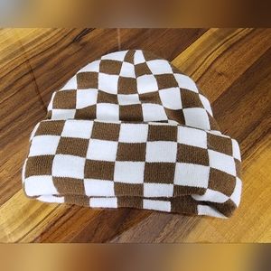 White and brown checkered beanie